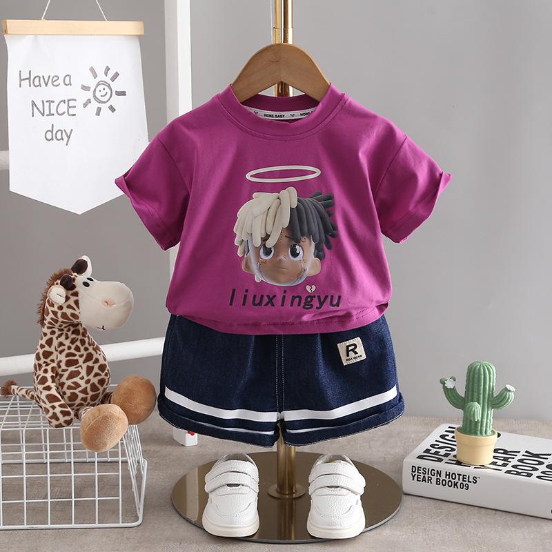 B018 ชุดเซ็ทลูกชายเสื้อคอกลม ผ้าคอตตอน กางเกงยีนส์ขาสั้น (ขนาด 80-120)
