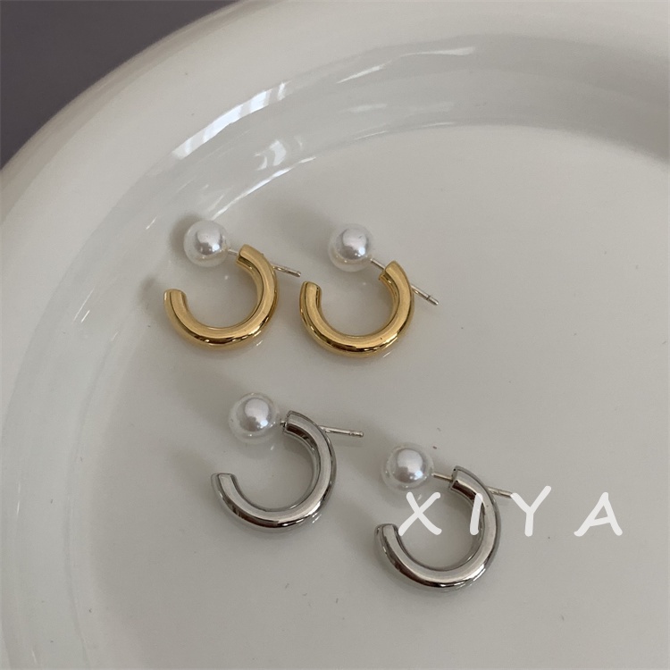 XIYA ต่างหูห่วงโลหะ ประดับมุก รูปตัว C สไตล์เกาหลี ระดับไฮเอนด์