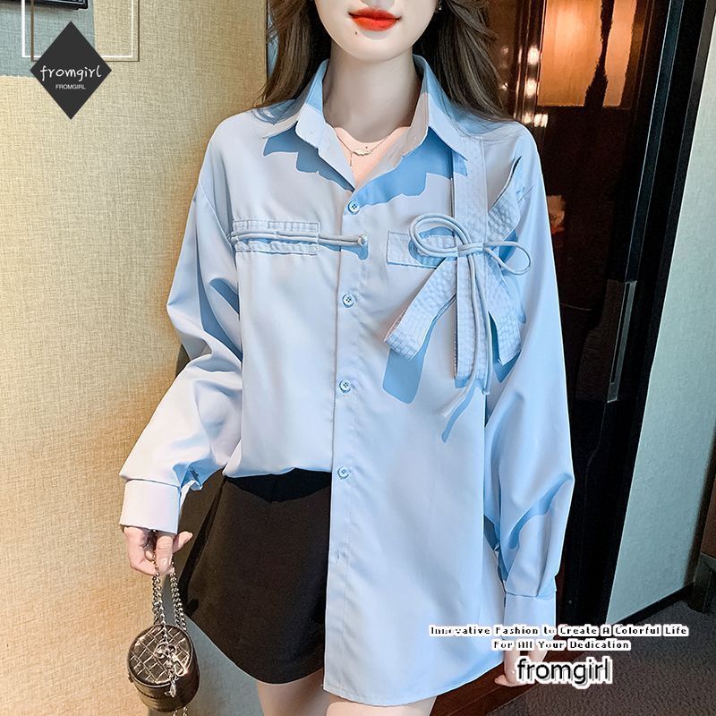 เสื้อเชิ้ตแขนยาว คอปกโปโล สีฟ้า แฟชั่นฤดูใบไม้ผลิ สําหรับผู้หญิง