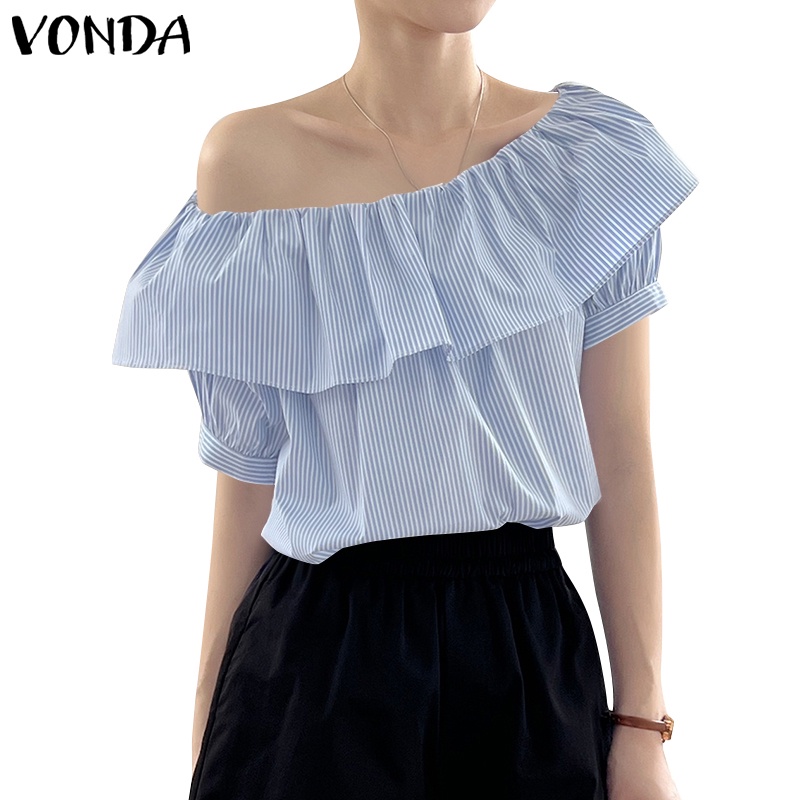 Vonda เสื้อเบลาส์ลําลอง แขนพัฟ พิมพ์ลายทาง แต่งระบาย สไตล์เกาหลี สําหรับผู้หญิง