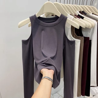 Bh เสื้อยืดแขนยาว คอกลม ผ้าฝ้าย เปิดไหล่ ทรงเข้ารูป สไตล์เกาหลี สําหรับผู้หญิง