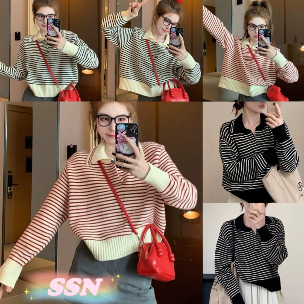 ShineSatin จัดส่งจากประเทศไทย เสื้อสเวตเตอร์ถักลำลองแบบใหม่ เสื้อสเวตเชิ้ตแฟชั่นสไตล์เกาหลีปกลายทาง 036