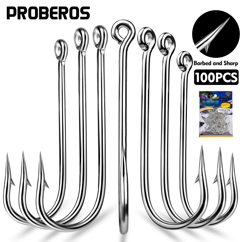 PROBEROS 100 ชิ้น/ล็อตสูงคาร์บอนเหล็กตกปลา Hooks10 #-20 # ตะขอเดี่ยวแหวน Eye Barbed Fishhook อุปกรณ์ตกปลา