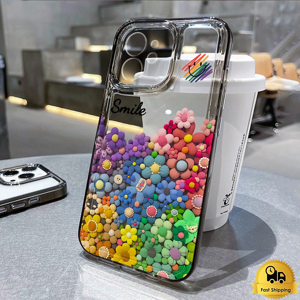 สีดำใส เคสโทรศัพท์ for iphone 11 12 13 14 15 Pro Max XR 7 8 Plus X XSMAX SE เคสโทรศัพท์มือถือ อ่อนนุ่ม รอยยิ้ม เคสดอกไม้
