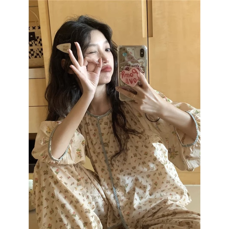 Fds ชุดนอน เสื้อแขนยาว กางเกงขายาว ลายดอกไม้ ทรงหลวม ใส่สบาย สไตล์เกาหลี มินิมอล สําหรับผู้หญิง สองชิ้น