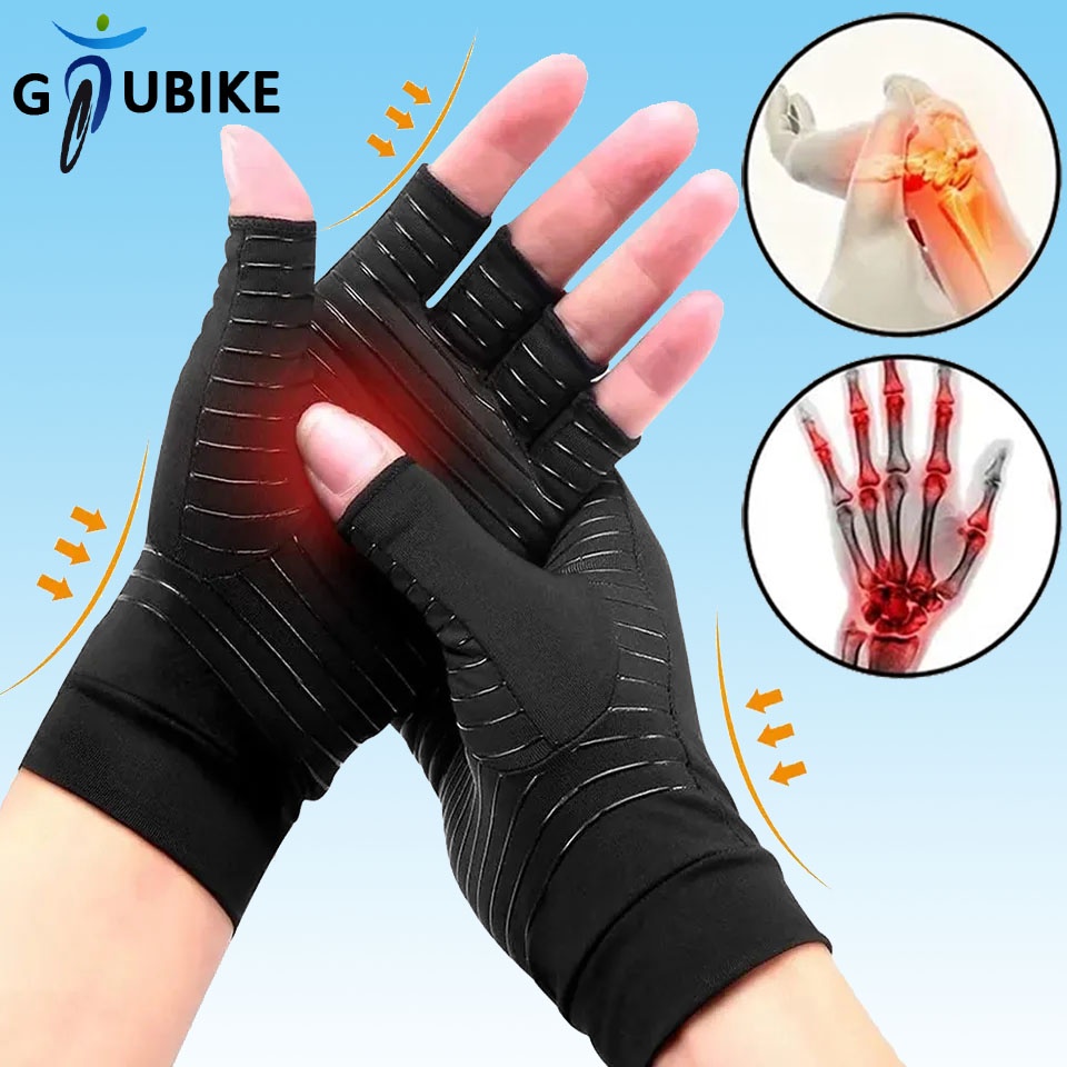 GTUBIKE ทองแดงการบีบอัดโรคข้ออักเสบถุงมือครึ่งนิ้วทํางานกีฬาฟิตเนสความดันฝาครอบมือ