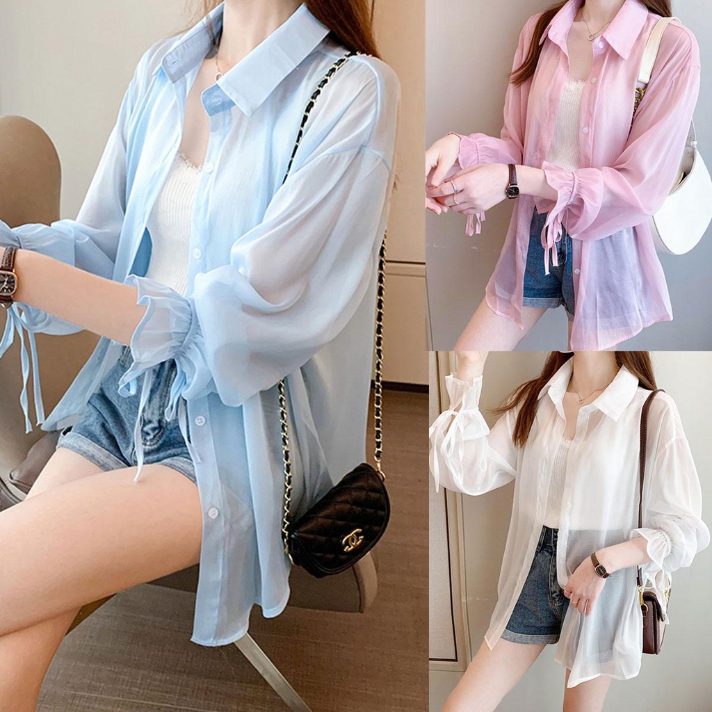 Dahong W290 เสื้อเชิ้ตตัวยาว แขนยาว ผ้าชีฟอง แบบบาง ทรงหลวม แขนเสื้อผูกเชือก แฟชั่นฤดูร้อน