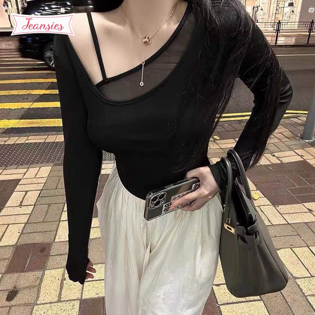 crop topเสื้อแขนยาวทรงสลิม เเนวเซ็กซี่ สีทึบ