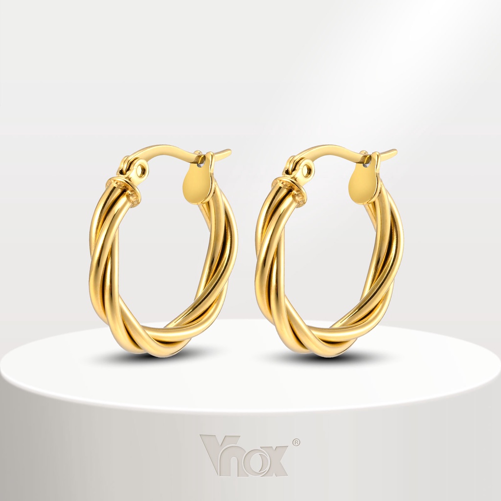 Vnox ต่างหูห่วงเกลียว สเตนเลส ทอง 18K 20 มม. ใช้แล้วไม่แพ้ เรียบง่าย สําหรับผู้หญิง