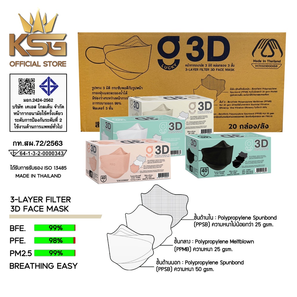 [KSG Official Genuine] หน้ากากอนามัย ทรง 3 มิติ หนา 3 ชั้น G LUCKY 3D Face Mask 3-Layer (ยกลัง บรรจุ 20 กล่อง)