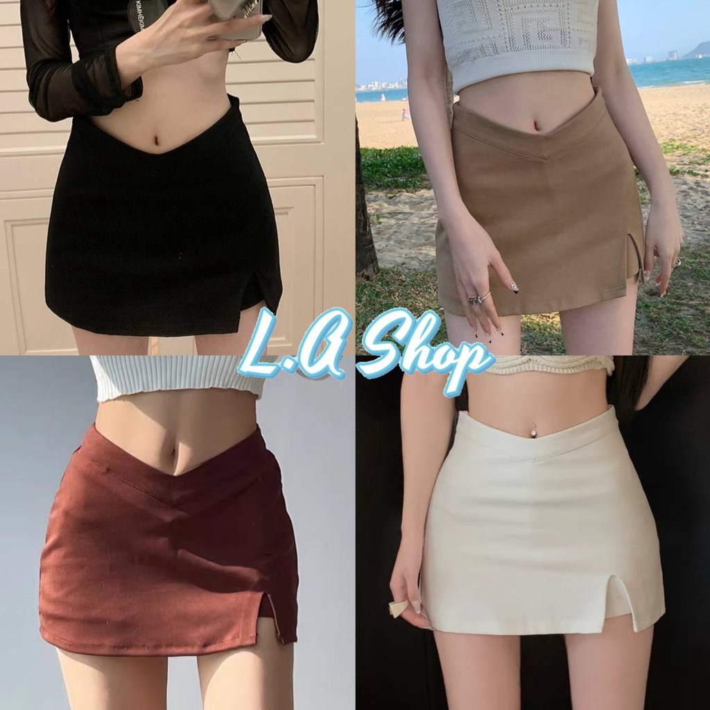 L.A Shop พร้อมส่ง กระโปรงเอววี ขาสั้น ซิปรูดขวา แหวกด้านซ้าย "7315"