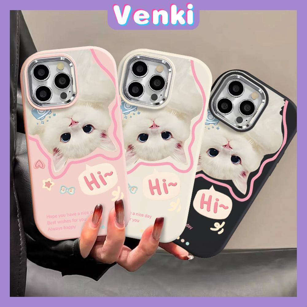 VENKI - เข้ากันได้สำหรับ เคสไอโฟน11 เคส iphone 11 15 pro max กรณีป้องกันลายนิ้วมือ TPU โลหะไฟฟ้ากรอบกล้องน่ารัก Healing แมวสีขาวเข้ากันได้กับ iPhone 14 13 12 11 PRO MAX XS XR 8 PLUS