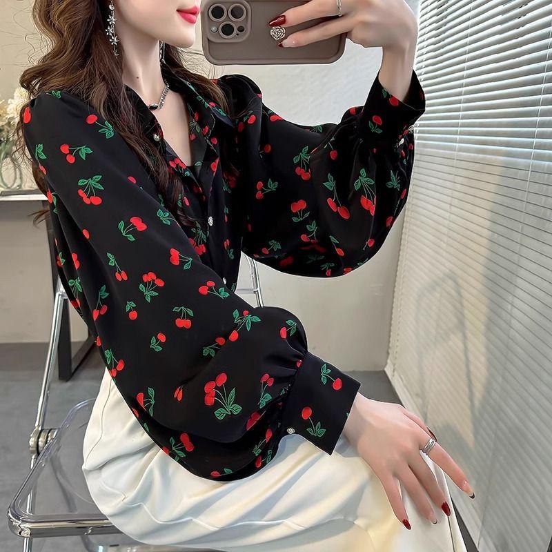เสื้อเบลาส์แขนบอลลูน พิมพ์ลายเชอร์รี่ ทรงหลวม ขนาดใหญ่ สําหรับผู้หญิง