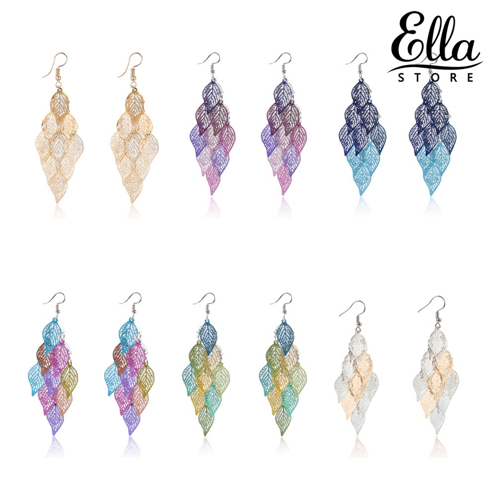 Ellastore123 ต่างหูตะขอ รูปใบไม้กลวง หลายชั้น หลากสี หรูหรา เครื่องประดับ สําหรับผู้หญิง