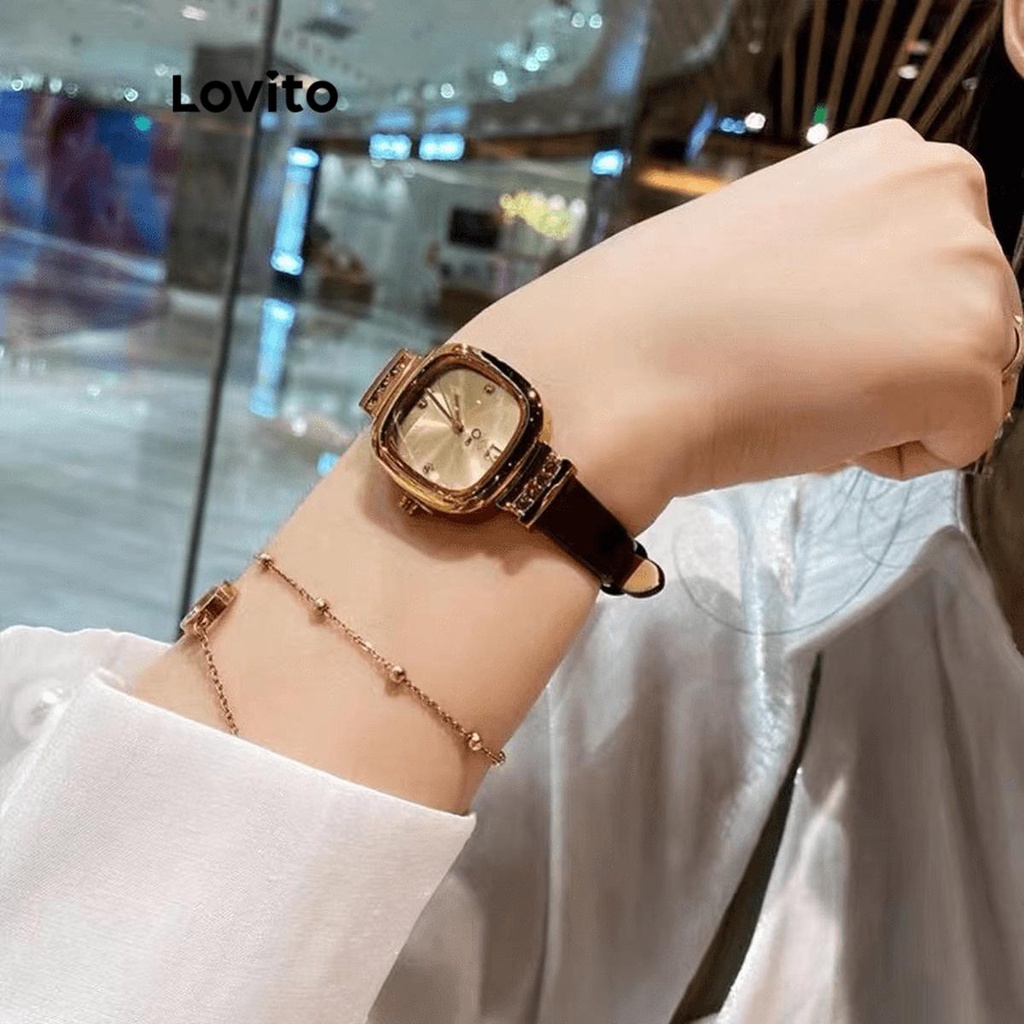 Lovito นาฬิกาผู้หญิง แบบควอทซ์ โลหะ ทรงสี่เหลี่ยม ขนาดเล็ก เรโทร ทันสมัย สีพื้น สไตล์วินเทจ LFA13839