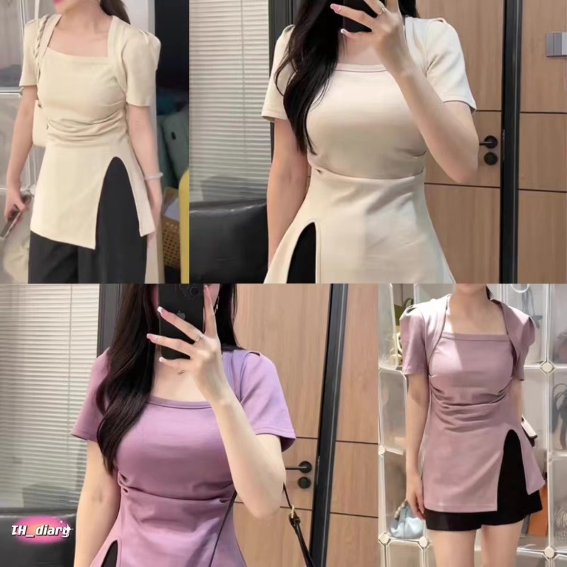 (จัดส่งจากกรุงเทพฯ) ฤดูร้อนรูปแบบใหม่ เสื้อยืดแขนสั้นผู้หญิงผ่าข้างสไตล์ฝรั่งเศส