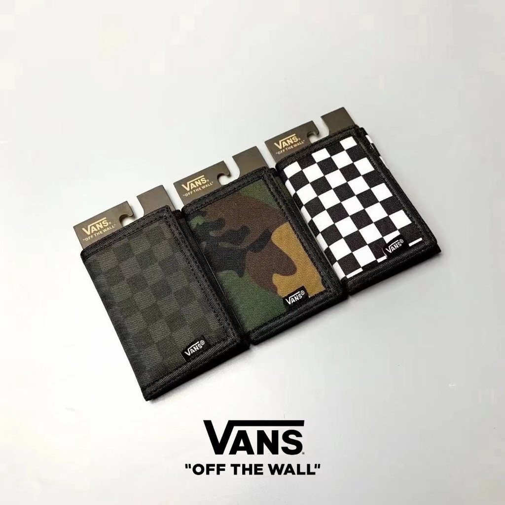 VANS กระเป๋าสตางค์ ผ้าแคนวาส ใบสั้น ลายตารางหมากรุก สไตล์วินเทจ สีดํา เหมาะกับของขวัญวันเกิด วันวาเลนไทน์ สําหรับผู้ชาย นักเรียน