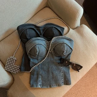 (จัดส่งจากกรุงเทพฯ) ฤดูร้อนรูปแบบใหม่ ผ้ายีนส์เซ็กซี่ เสื้อครอปเปิดไหล่ทรงสลิมฟิตสำหรับผู้หญิง