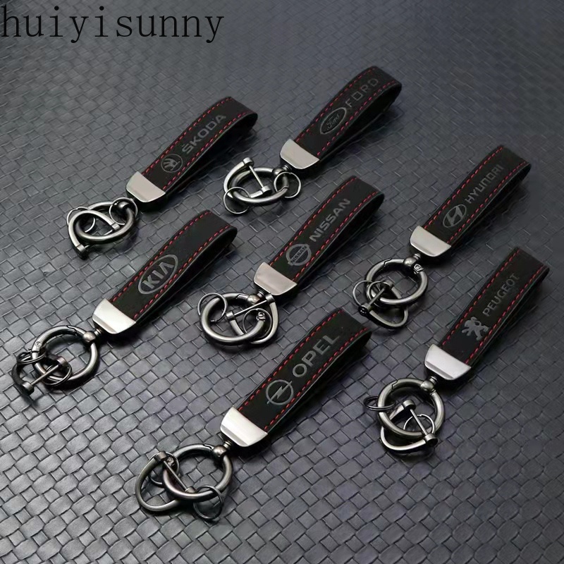 Hys หนังนิ่มกุญแจรถหนังโลโก้รถพวงกุญแจแหวนกุญแจโลหะอุปกรณ์เสริมสําหรับ BMW Jeep Benz VW Audi Skoda N