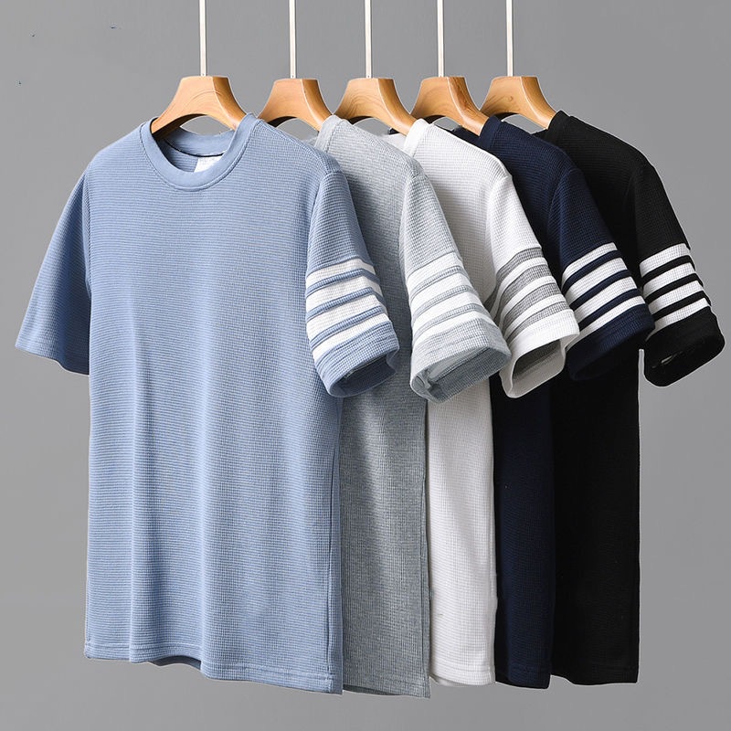 BeCoolMan อเมริกันวาฟเฟิลแขนสั้นเสื้อยืดสำหรับผู้ชายฤดูร้อนระดับไฮเอนด์แห้งเร็วสี่แถบครึ่งแขนเสื้อฐานหนัก
