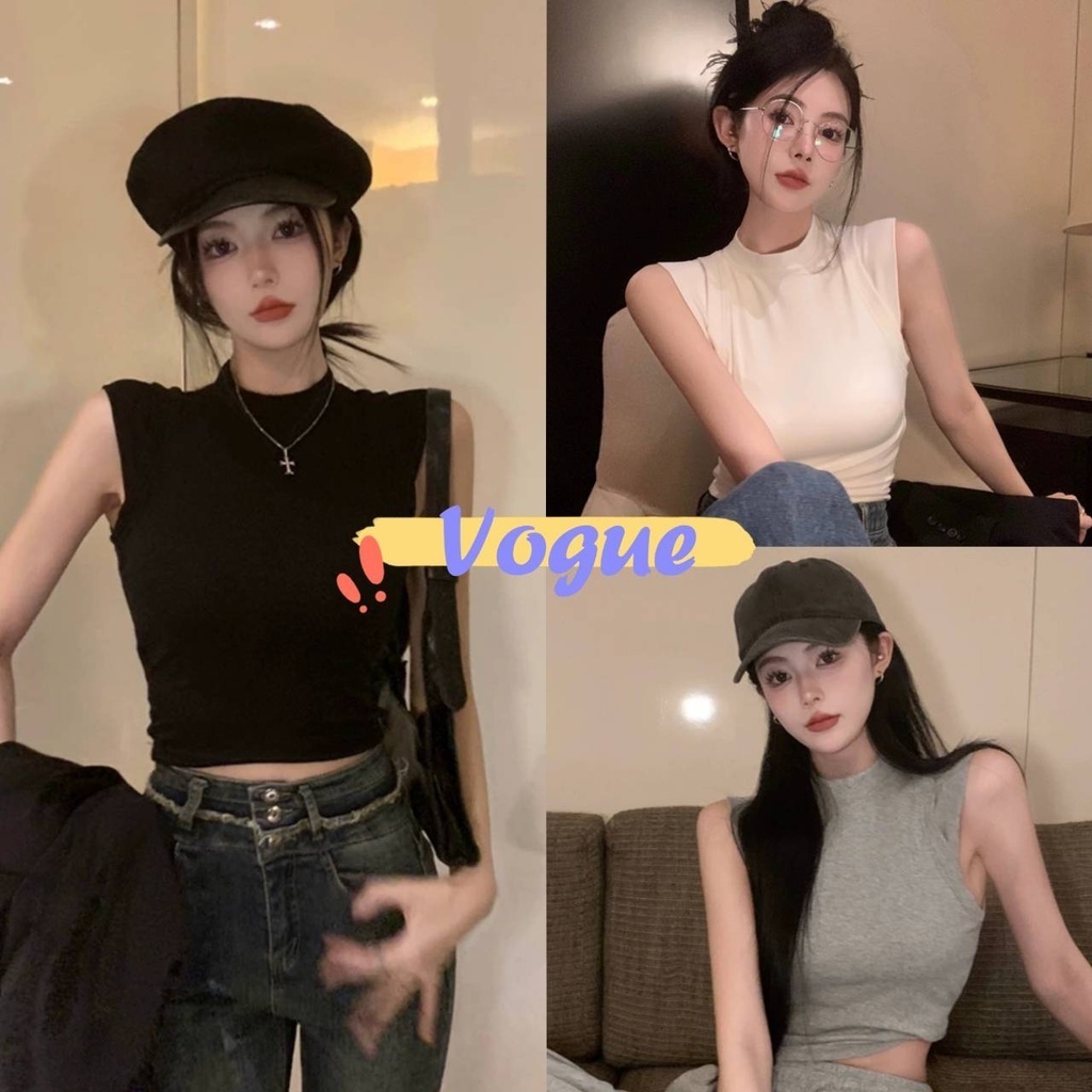 Vogue พร้อมส่ง เสื้อกล้ามไหมพรม คอกลม ดีเทลแต่งเพิ่มแขนน่ารัก (03052)