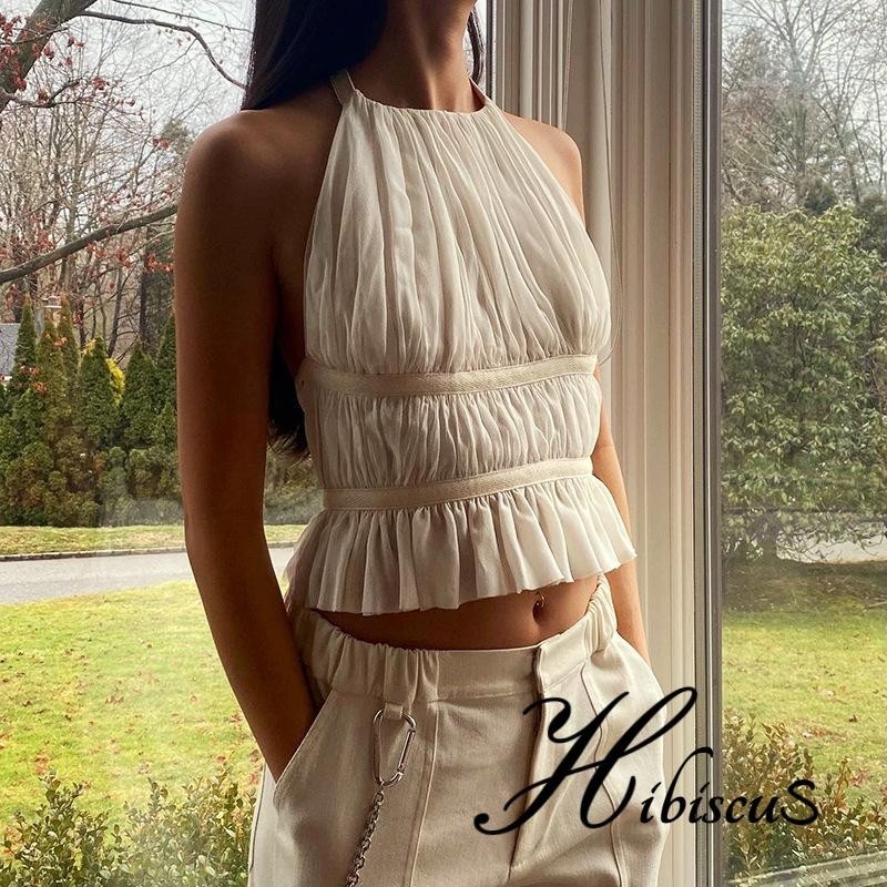 Hibiscus- เสื้อกล้ามแขนกุด เปิดหลัง แต่งระบาย สีขาว แฟชั่นฤดูร้อน สําหรับผู้หญิง