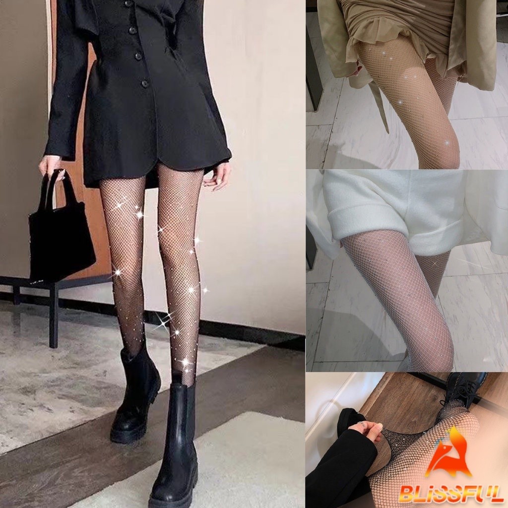 B.F ถุงน่องตาข่าย เอวสูง ประดับพลอยเทียม แวววาว เซ็กซี่ สําหรับผู้หญิง งานปาร์ตี้ คลับ Rhinestone Mesh Stockings - รูปที่ 3