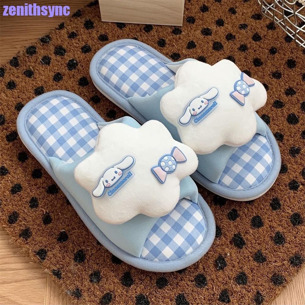 Zenithsync Cinnamoroll รองเท้าแตะ, Kitty Cat ผ้าฝ้ายและผ้าลินิน My Melody One-line รองเท้าแตะ, Casual Plush Soft Silent Bow Kuromi สไลด์ผู้หญิง
