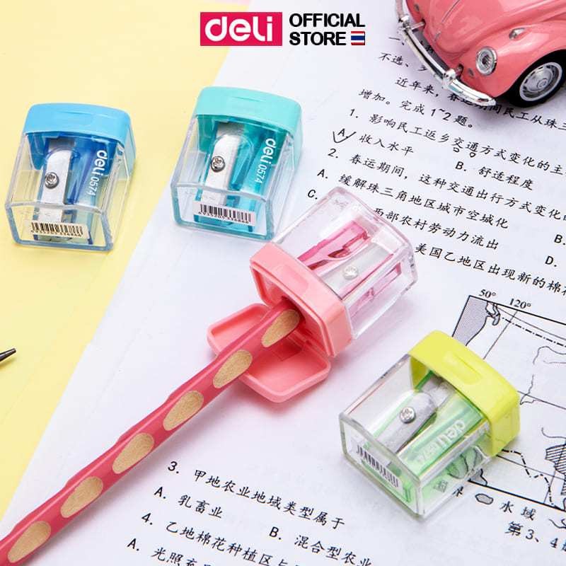 กบเหลาดินสอ 1 รู Deli รุ่น E0574 ดีไซน์มินิมอล สำหรับเหลาดินสอ ดินสอไม้ (คละสี / จำหน่าย 1 / 4 ชิ้น)