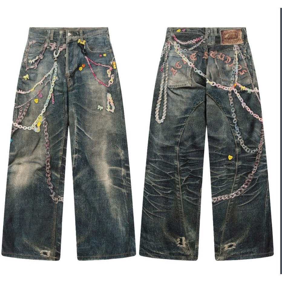 Graffiti splatter สีกางเกงยีนส์โซ่พิมพ์ดิจิตอล