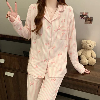 ชุดนอนแขนยาวผ้าไหมนมผ้าฝ้ายแบบมีโบว์ ชุดนอนปกแบบสวมใส่สบาย