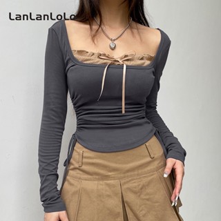 Lanlanlolo เสื้อครอปท็อปลําลอง แขนยาว คอสี่เหลี่ยม ผูกเชือก เข้ารูป เข้ากับทุกการแต่งกาย สําหรับผู้หญิง 2023