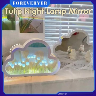 ดอกทิวลิป DIY Cloud Mirror Night Light Cloud DIY Mirror Night Light ทิวลิปบรรยากาศโรแมนติกโคมไฟดอกไม้แบตเตอรี่ขับเคลื่อนตกแต่งห้องนอนด้านหน้า