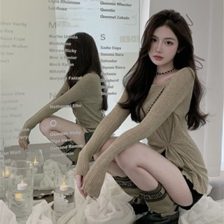 Milyfashion เสื้อยืดแขนยาว คอเดียว ผ้าถัก เอวแคบ เซ็กซี่ สําหรับผู้หญิง