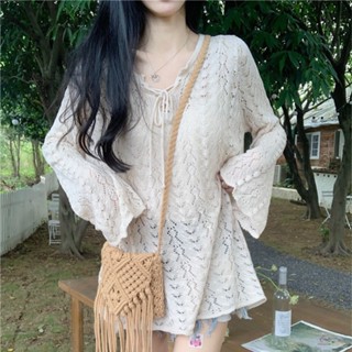 เสื้อกันหนาว คอวี ทรงหลวม ป้องกันแดด แบบบาง ฉลุลาย สําหรับผู้หญิง