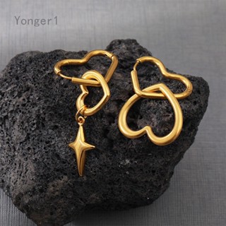 Yonger ต่างหูสเตนเลส ชุบทองแท้ 18K จี้รูปหัวใจ กันน้ํา เครื่องประดับสตรี