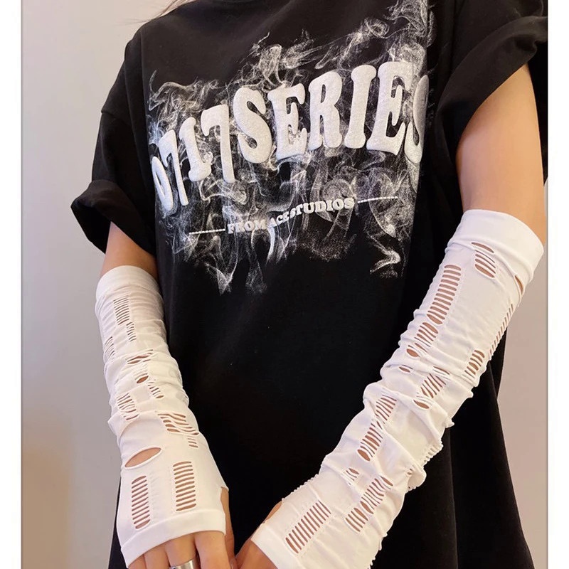 ถุงมือ ผ้าเรยอน ฉีกขาด สไตล์พังก์ โกธิค โลลิต้า ไร้นิ้วมือ สีเข้ม แฟชั่นนินจา สําหรับผู้หญิง - รูปที่ 3