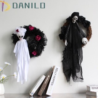 Danilo พวงหรีดผี วงกลม ดอกไม้ปลอม สีขาวดํา สําหรับแขวนตกแต่งปาร์ตี้ฮาโลวีน