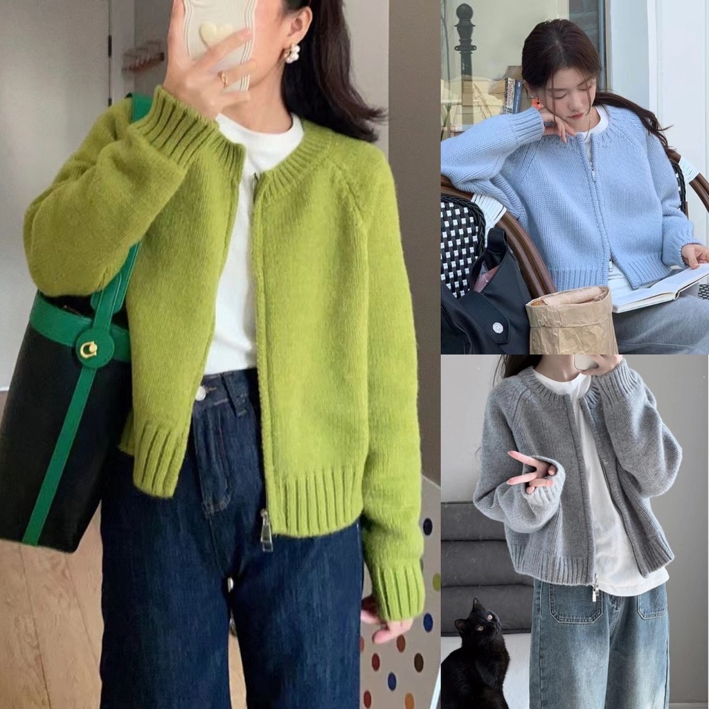 เสื้อคาร์ดิแกน ผ้าขนแกะถัก แต่งซิปสั้น สีเทา แฟชั่นฤดูใบไม้ผลิ และฤดูใบไม้ร่วง สไตล์วินเทจ สําหรับผู้หญิง