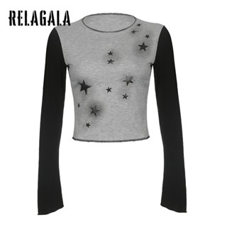 Relagala ใหม่ เสื้อยืดลําลอง แขนยาว พิมพ์ลายดาว จับคู่สี สําหรับสตรี 2023