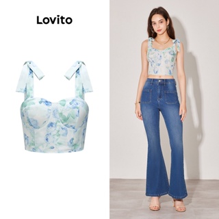 Lovito เสื้อกล้าม ครอป ผูกเชือก ลายดอกไม้ หรูหรา สำหรับผู้หญิง L59ED024 (สีขาว)