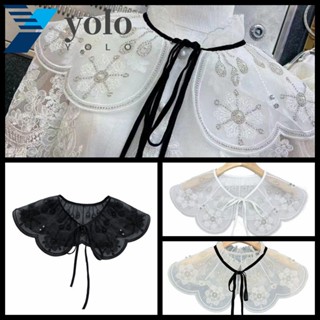 Yolo ปลอกคอตุ๊กตา แต่งลูกไม้ ประดับไข่มุก โบว์ปลอม อุปกรณ์เสริม สําหรับตกแต่งเสื้อผ้า