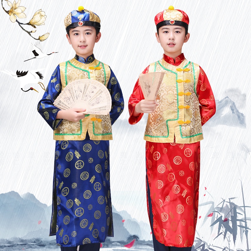 【Uhome】ชุดราชวงศ์ชิง สไตล์จีนดั้งเดิม พร้อมหมวก สําหรับเด็กผู้ชาย