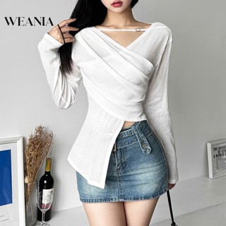 Weania เสื้อยืดแฟชั่นสตรีท คอวี แขนยาว จีบรอบ ทรงสลิมฟิต สีพื้น