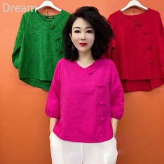 Candy color side buckle cotton and linen top womens slimming seven-quarter sleeve buckle Chinese style mother Tang suit bottoming shirt