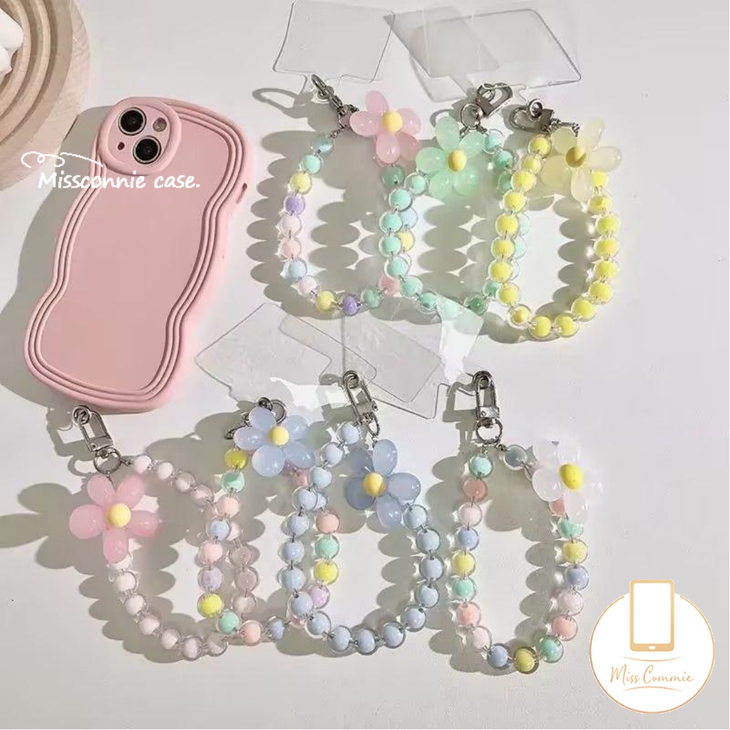 สายคล้องโทรศัพท์มือถือ ประดับลูกปัด ลายดอกไม้ สีแคนดี้ ป้องกันการสูญหาย สไตล์เกาหลี สําหรับผู้หญิง