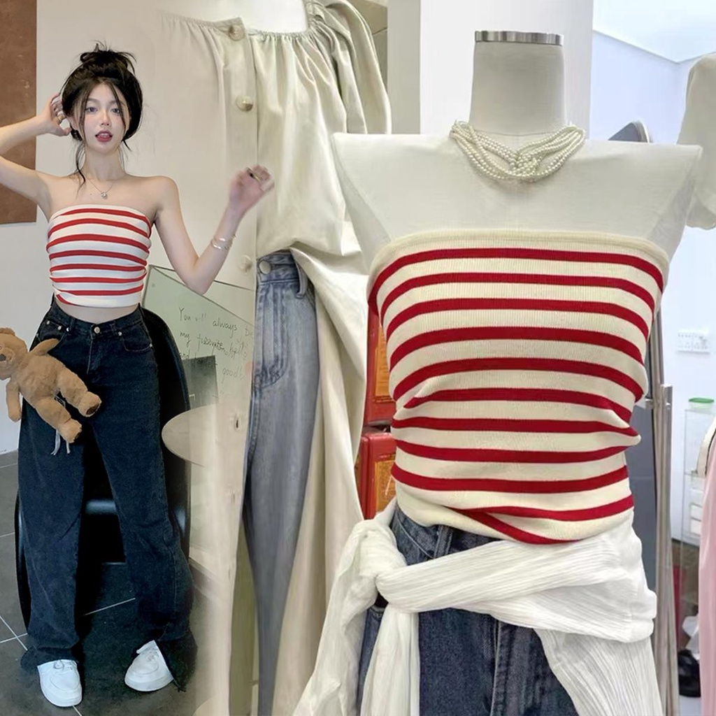 KOKO 52139 พร้อมส่ง เสื้อเกาะอกไหมพรม เสื้อครอป เกาะอก สไตล์เกาหลี ดีเทลลายทางมี4สีน่ารักมาก