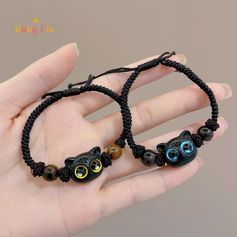 ทับทิม น่ารัก แมวดํา เชือกถัก สร้อยข้อมือ ผู้หญิง ผู้ชาย คู่ สร้อยข้อมือ อินเทรนด์ เครื่องประดับ ของขวัญ ดี