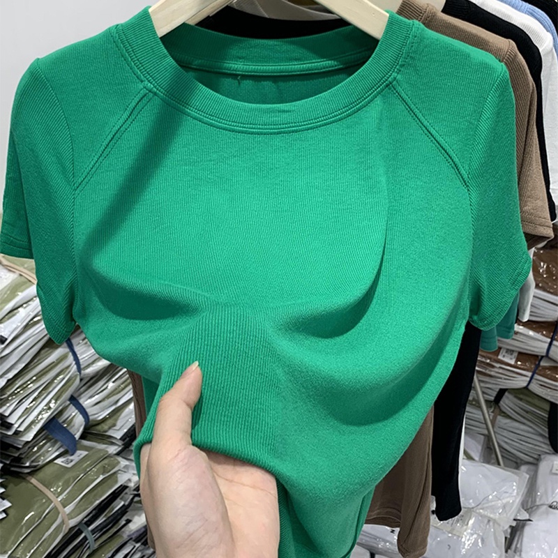 เสื้อยืดคอกลม แขนสั้น เข้ารูป สีพื้น ขนาดเล็ก สไตล์เกาหลี สําหรับผู้หญิง