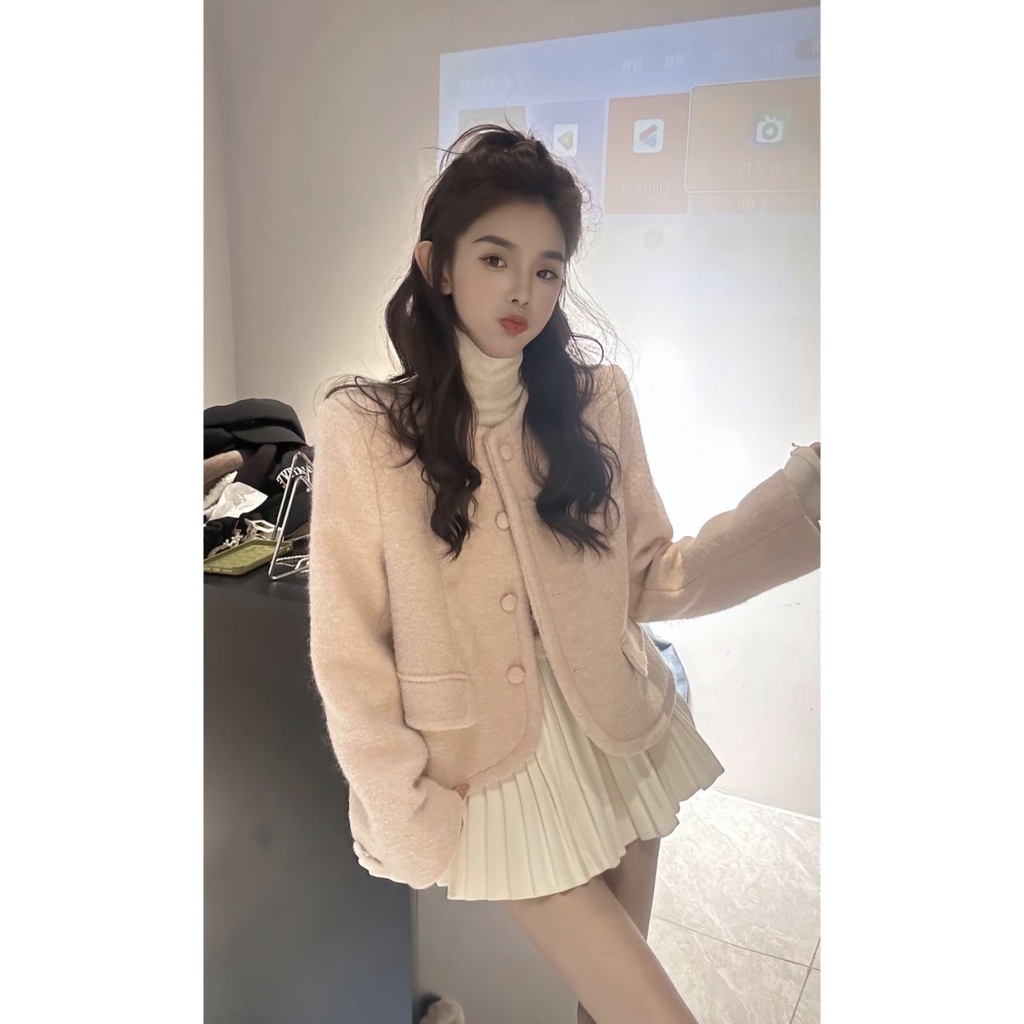 เสื้อโค้ทสั้น ผ้าวูล เอวสูง ทรงสลิมฟิต สไตล์ฝรั่งเศส แฟชั่นฤดูใบไม้ร่วง และฤดูหนาว สําหรับผู้หญิง
